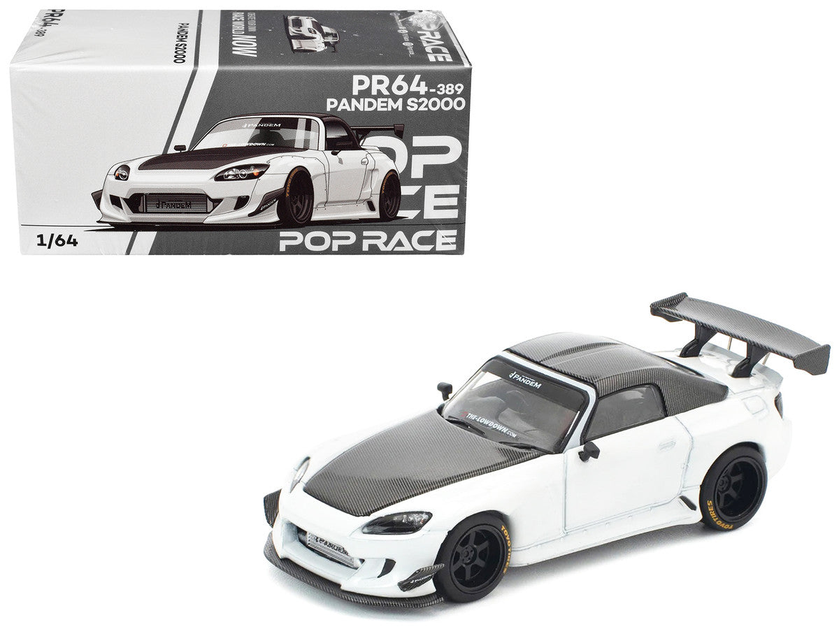 Honda Pandem S2000 RHD (Right Hand Drive) White with Carbon Hood and Top 1/64 Diecast Model Car by Pop Race Pop Race