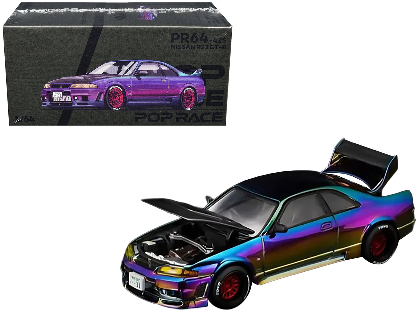 Nissan Skyline GT-R (R33) RHD (Right Hand Drive) Chameleon Chrome with Carbon Hood "Vancouver Edition" 1/64 Diecast Model Car by Pop Race
