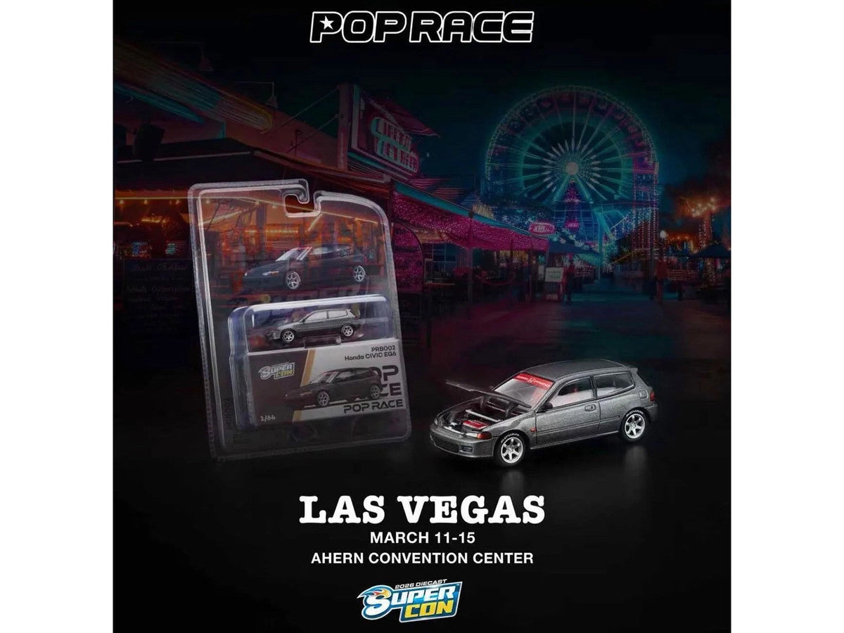 Honda Civic EG6 RHD (Right Hand Drive) Gray Metallic with Red Interior "2026 Diecast Super Con Las Vegas Event Exclusive" 1/64 Diecast Model Car by Pop Race Pop Race