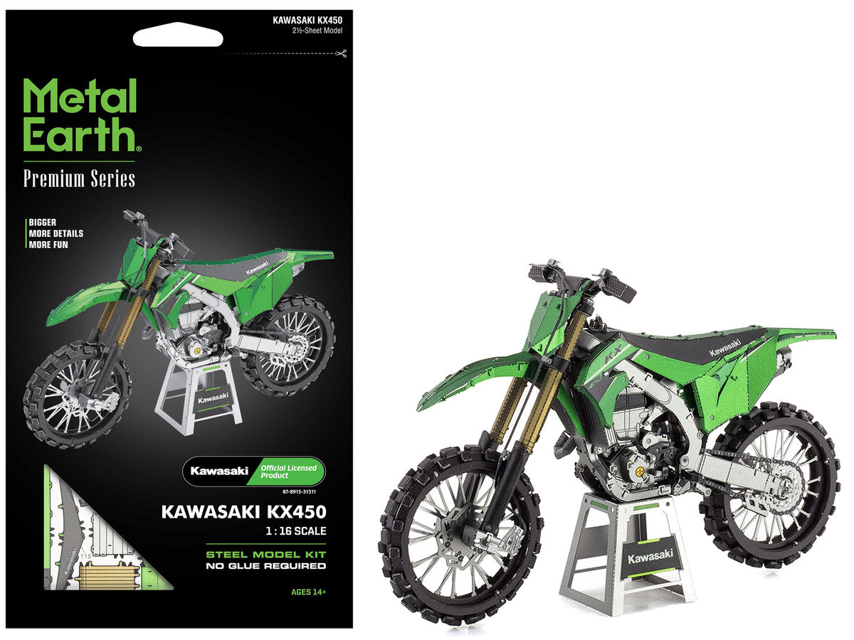 Model Kit Kawasaki KX450 Off-Road Motorcycle Green (Challenging Difficulty) Steel Model by Metal Earth-4
