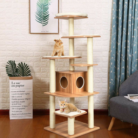 7-Layer Wooden Cat Tree Tall Cat Tower with Sisal Posts and Condo-Natural W2B