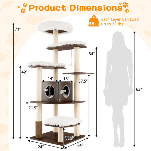 7-Layer Wooden Cat Tree Tall Cat Tower with Sisal Posts and Condo-Natural W2B