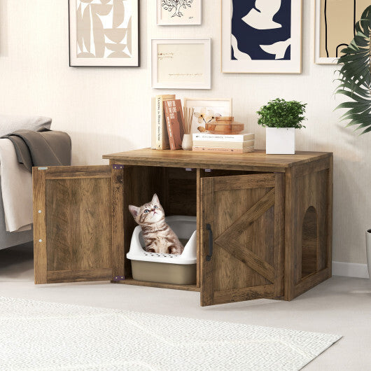 Flip Top Hidden Cat Washroom Furniture with Double Barn Doors and Removable Divider W2B