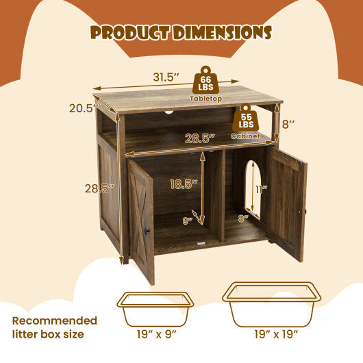 Cat Litter Box Enclosure with Double Barn Doors Divider Side Entry and Storage Shelf W2B