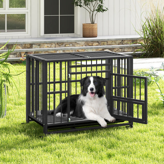 Foldable Heavy-Duty Metal Dog Cage Chew-proof Dog Crate with Lockable Universal Wheels W2B