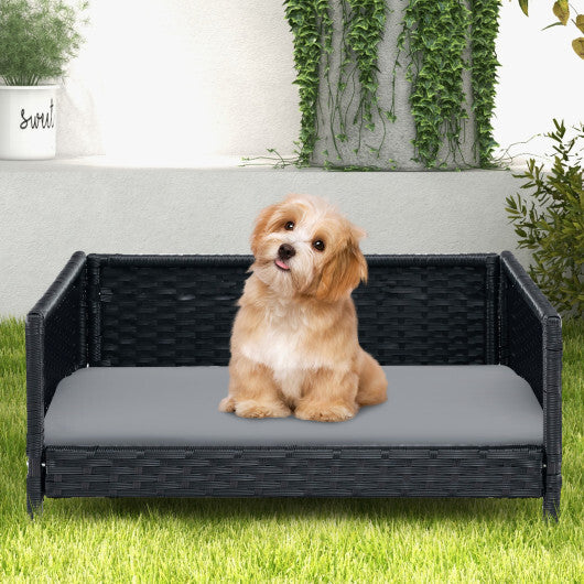 Rattan Dog Bed with Waterproof Soft Cushion for Medium Small Dogs Cats-Gray W2B