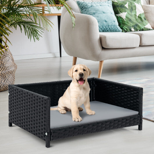 Rattan Dog Bed with Waterproof Soft Cushion for Medium Small Dogs Cats-Gray W2B