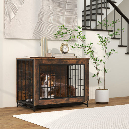 Dog Crate Furniture with Double Lockable Doors and Removable Pull-out Tray-M W2B