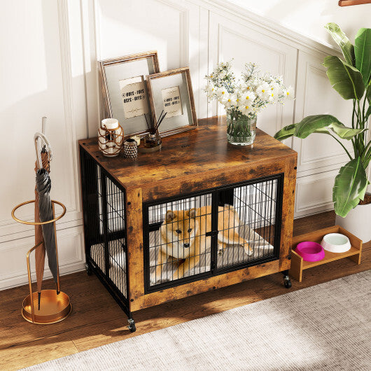 Industrial Dog Kennel with Flip-up Top 3 Lockable Doors and Removable Tray-Rustic Brown W2B