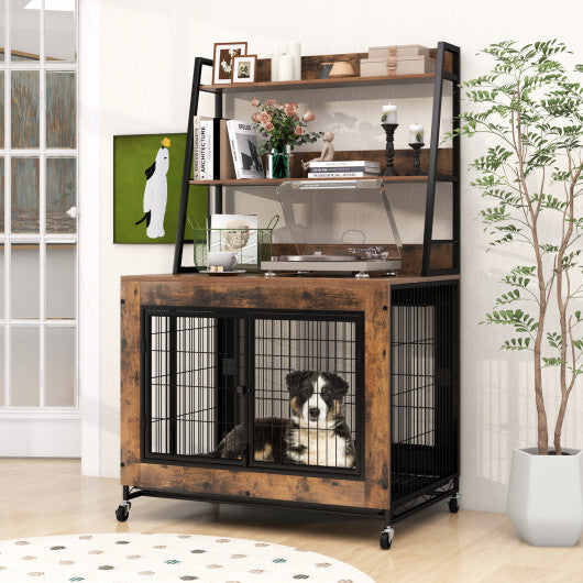 Industrial Dog Kennel Dog Crate Furniture with Storage Shelves-Gray W2B