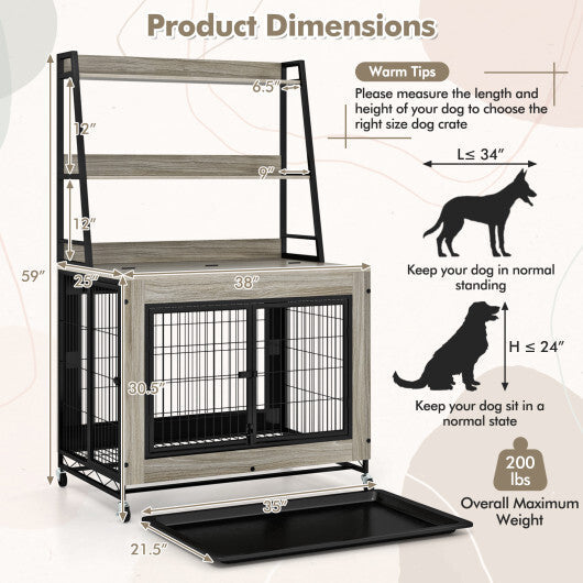 Industrial Dog Kennel Dog Crate Furniture with Storage Shelves-Gray W2B
