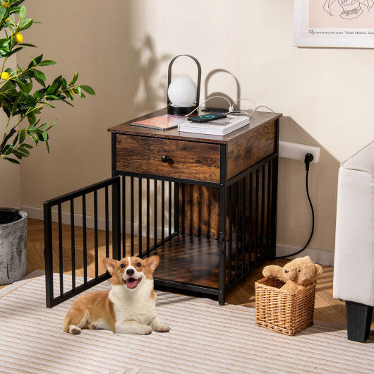 Dog Crate Furniture for Small Dogs Wooden Puppy Kennel with Charging Station-Rustic Brown W2B