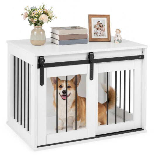 Dog Crate Furniture Heavy Duty Dog Kennel with Sliding Barn Door-Gray W2B