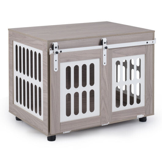 Dog Crate Furniture with Sliding Barn Door for Small Medium Dogs-Gray W2B