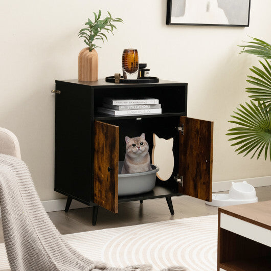 Industrial Cat Litter Box Enclosure with Entry and Open Compartment-Brown W2B