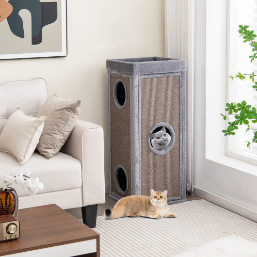 39 Inch Tall Cat Condo with Scratching Posts and 3 Hideaways and 4 Soft Plush Cushions-Gray W2B
