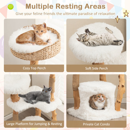 Solid Wood Cat Tower with Top Cattail Basket Cat Bed for Indoor Cats-White W2B