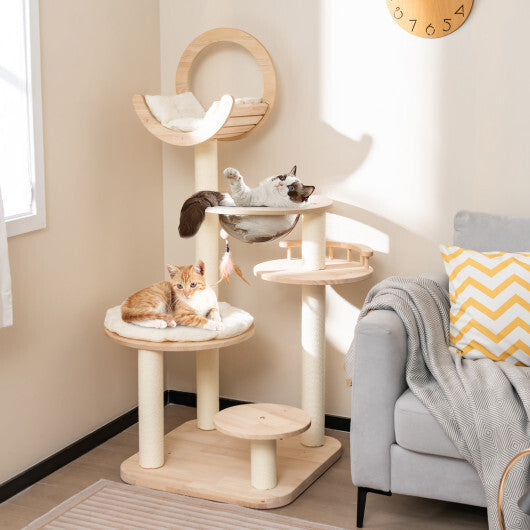 4-in-1 Large Wooden Cat Tower with Space Capsule Nest for Indoor Cats W2B