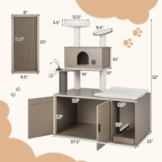 2-in-1 Modern Cat Tower with Litter Box Enclosure for Indoor Cars-Gray W2B