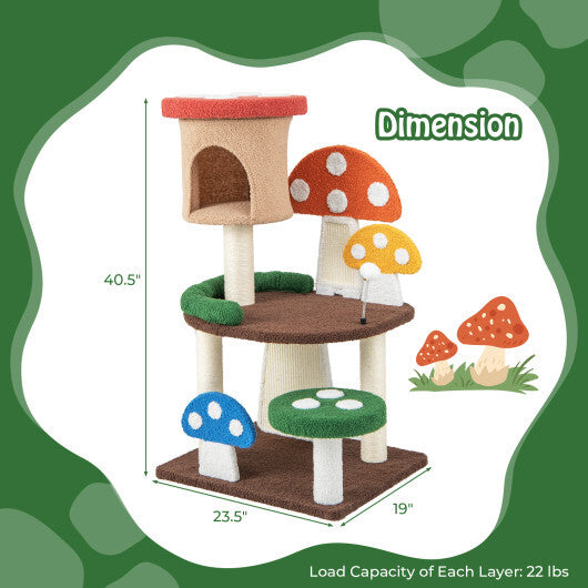 Patended 4-In-1 Mushroom Cat Tree with Condo Spring Ball and Sisal Posts-Multicolor W2B
