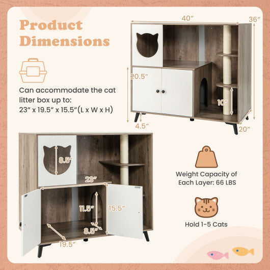 Cat Litter Box Enclosure with 3 Sisal Scratching Posts for Indoor Cats-Natural W2B