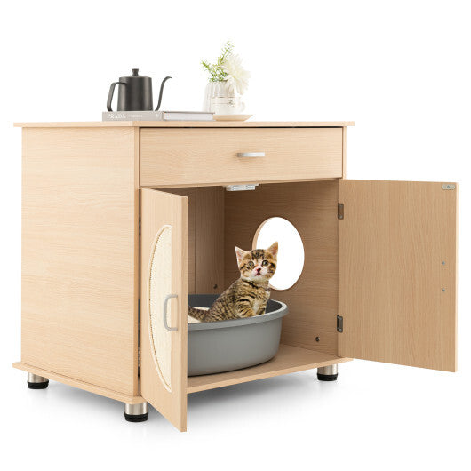 Cat Litter Box Enclosure with Sisal Scratching Doors and Storage-Natural W2B