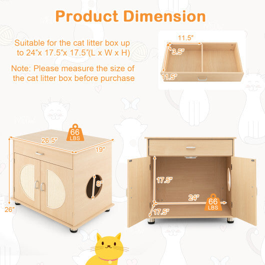 Cat Litter Box Enclosure with Sisal Scratching Doors and Storage-Natural W2B