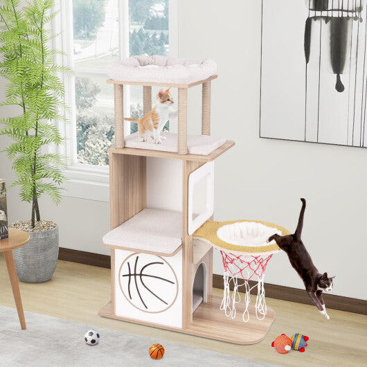 47 Inches Wooden Cat Tree with 2-Story Cat Condo and Basketball Hoop Hammock-Natural W2B