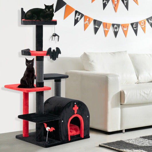 Gothic Cat Tree 53 Inch Tall Cat Tower with Cat Bed and Arch-Shaped Condo-Black W2B