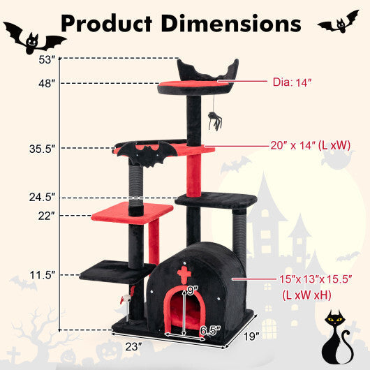 Gothic Cat Tree 53 Inch Tall Cat Tower with Cat Bed and Arch-Shaped Condo-Black W2B