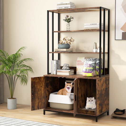 Cat Litter Box Enclosure with Storage and 3-tier Shelves-Rustic Brown W2B