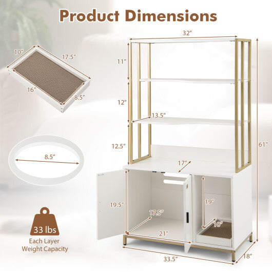 Cat Litter Box Enclosure with Storage and 3-tier Shelves-Rustic Brown W2B