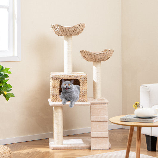 48 Inch Cattail Cat Tower with Sisal Scratching Posts Perch and Condo-Beige W2B