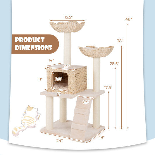 48 Inch Cattail Cat Tower with Sisal Scratching Posts Perch and Condo-Beige W2B
