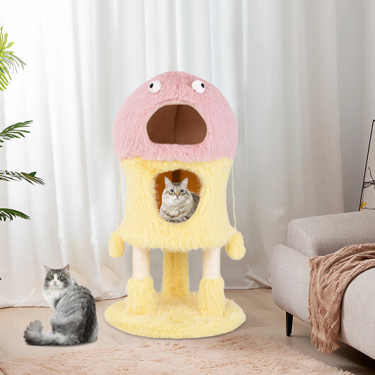 Cute Monster-Themed Cat Tower with 2 Private Condos and 3-Level Activity Center-Yellow W2B