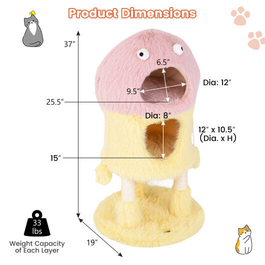Cute Monster-Themed Cat Tower with 2 Private Condos and 3-Level Activity Center-Yellow W2B