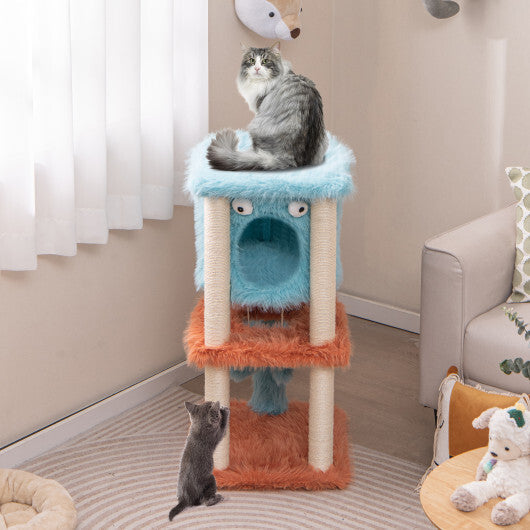 Cute Monster-Themed Cat Tower with Private Condo and Soft Long Plush-Blue W2B