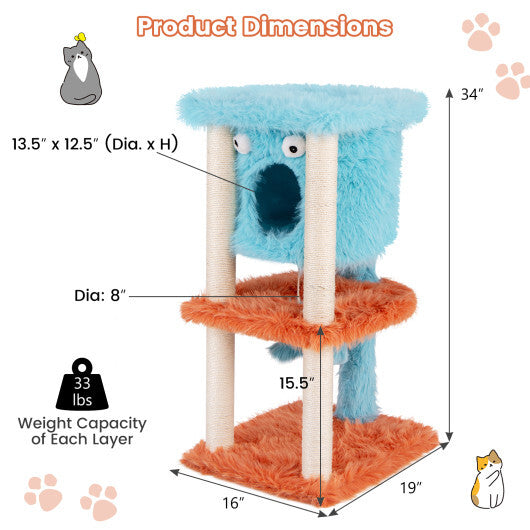 Cute Monster-Themed Cat Tower with Private Condo and Soft Long Plush-Blue W2B