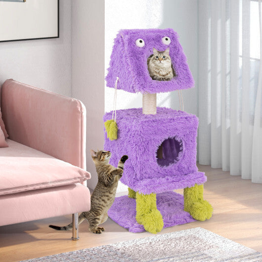 Cute Monster-Themed Cat Tower with 2 Private Condos for Small Place-Purple W2B