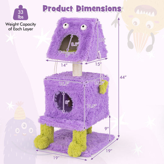Cute Monster-Themed Cat Tower with 2 Private Condos for Small Place-Purple W2B