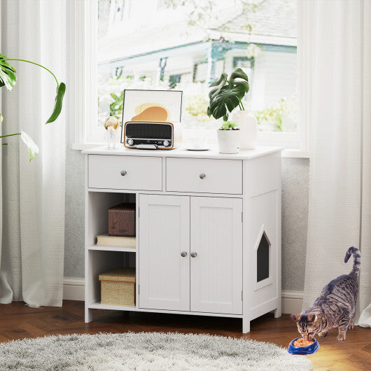 Hidden Cat Washroom Side Cabinet Wooden Pet House with 2 Drawers-White W2B