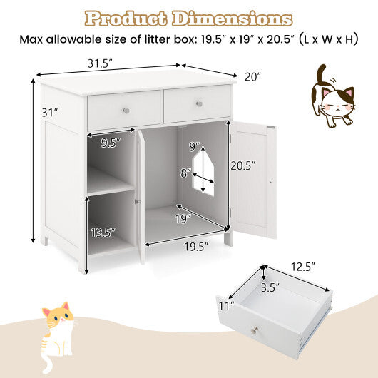 Hidden Cat Washroom Side Cabinet Wooden Pet House with 2 Drawers-White W2B