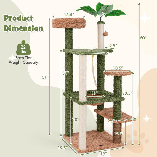Multilevel Cat Tree with Scratching Posts and Rope Plush Perch Toy Bed-Green W2B