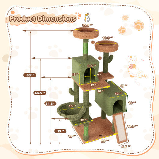 Multi-level Cactus Cat Tree with Scratching Posts Ladder Double Condos and Toys Bed-Green W2B