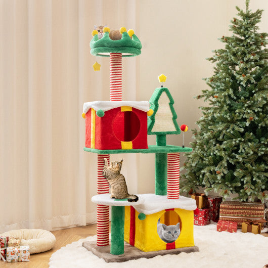 Cute Christmas Cat Tree Cat Tower for Indoor Cats with Scratching Posts and Carpet-Multicolor W2B