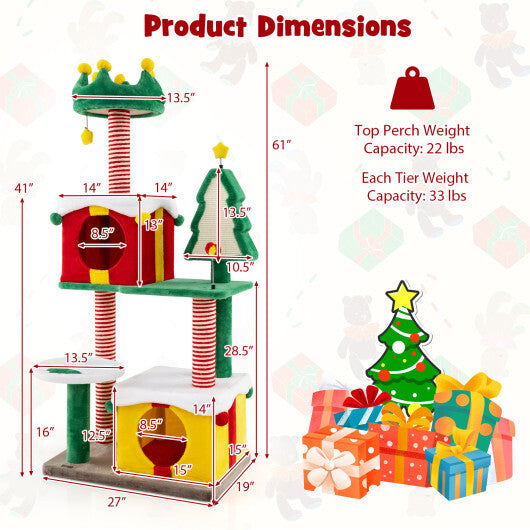Cute Christmas Cat Tree Cat Tower for Indoor Cats with Scratching Posts and Carpet-Multicolor W2B