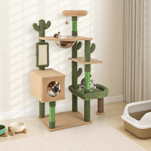 59 Inch Multilevel Cactus Cat Tree with Scratching Posts Cando Toy and Rope-Green W2B