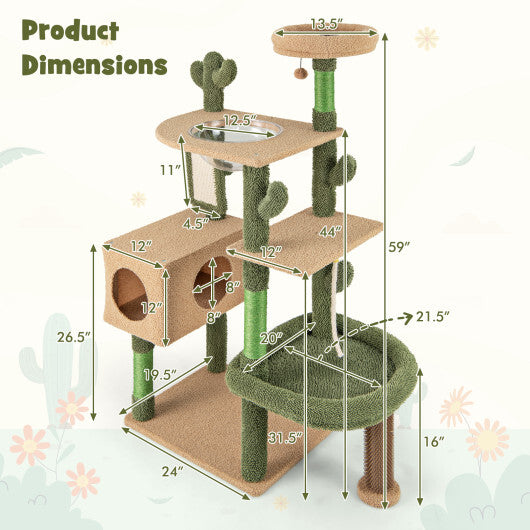 59 Inch Multilevel Cactus Cat Tree with Scratching Posts Cando Toy and Rope-Green W2B
