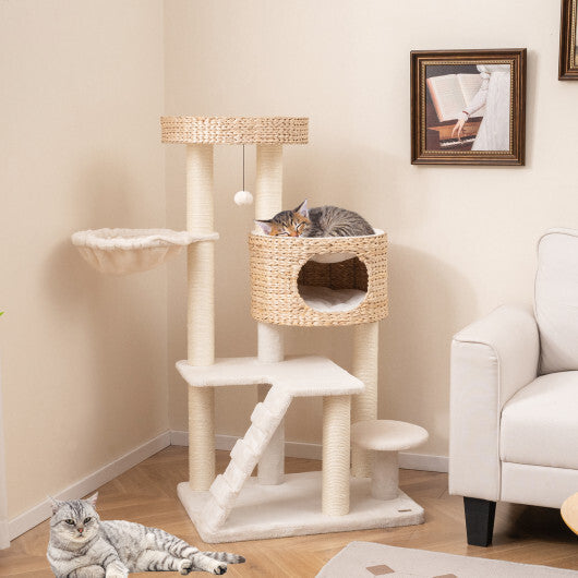 Modern Cat Tree for Indoor Cats with Cattail Fluff Condo and Top Perch-Natural W2B
