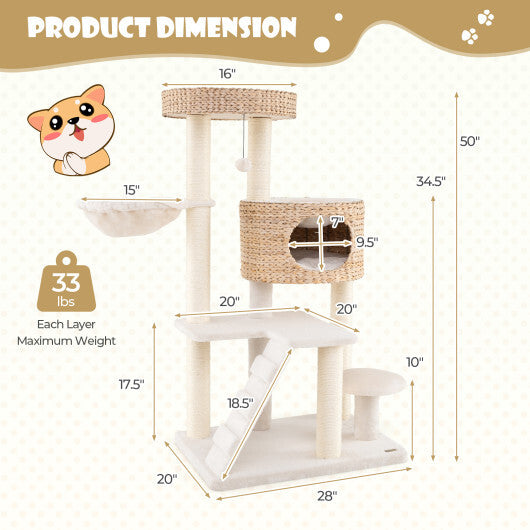 Modern Cat Tree for Indoor Cats with Cattail Fluff Condo and Top Perch-Natural W2B